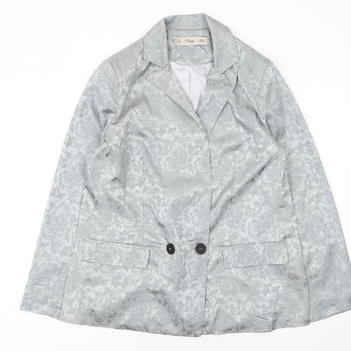K.Zell Women Silver Floral Jacquard Blazer Jacket L Double Breasted