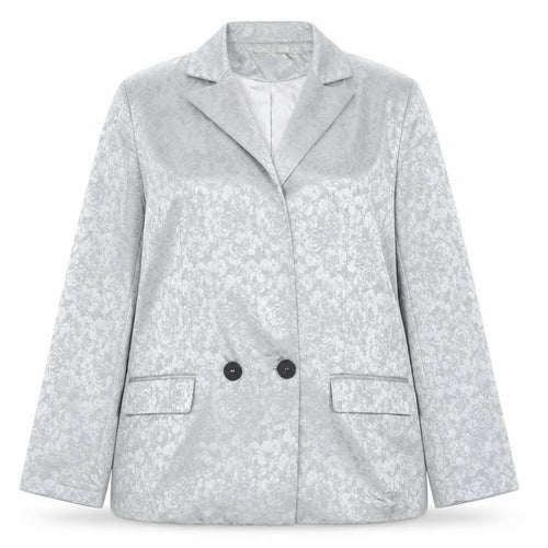 K.Zell Women Silver Floral Jacquard Blazer Jacket L Double Breasted