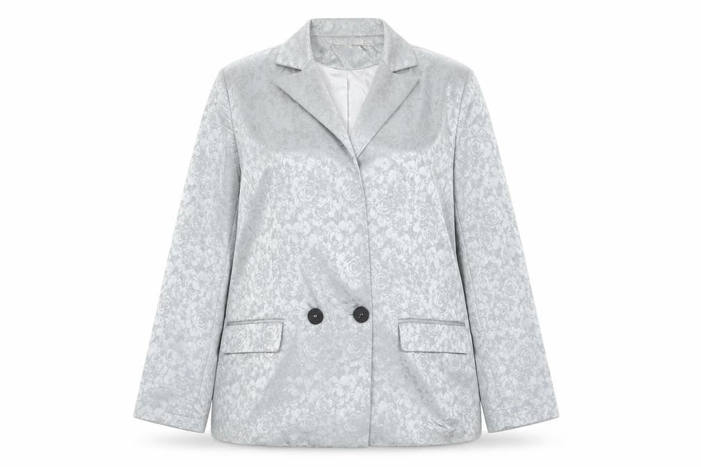 K.Zell Women Silver Floral Jacquard Blazer Jacket L Double Breasted