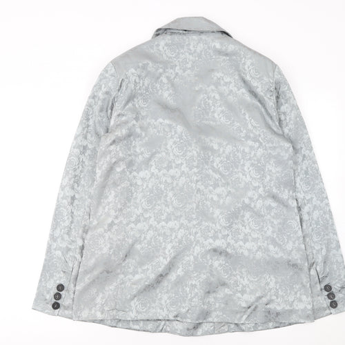 K.Zell Women Silver Floral Jacquard Blazer Jacket L Double Breasted