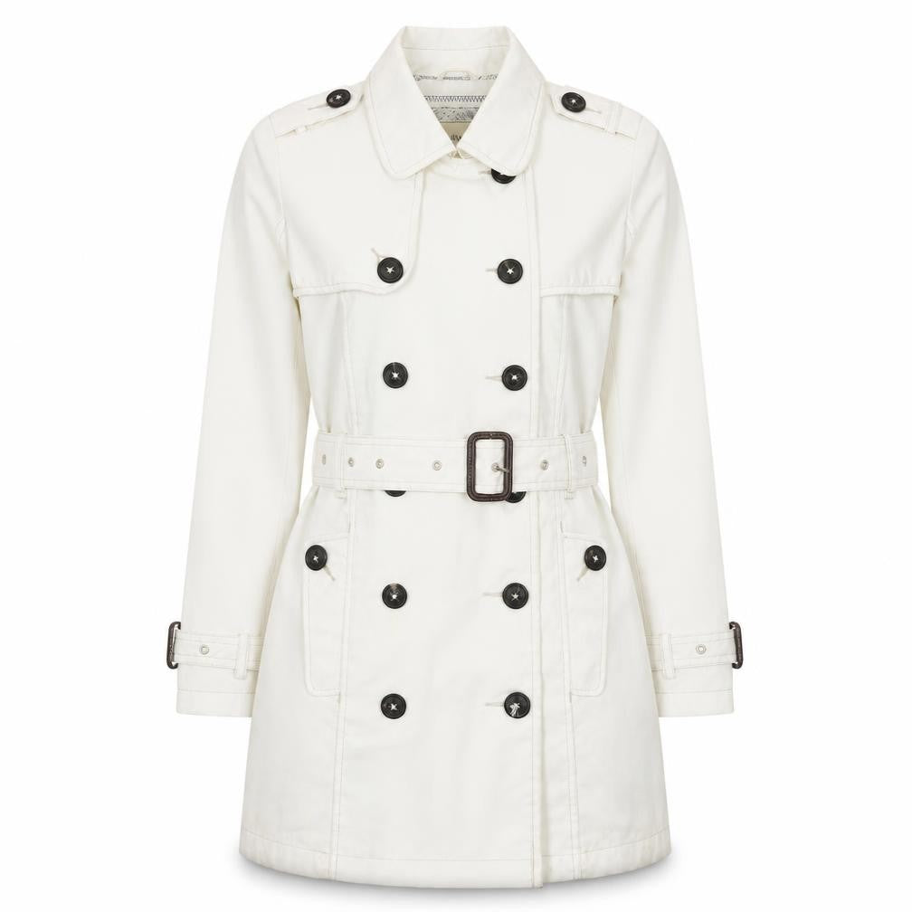 Front view of Quba & Co Women's White Mid-Length Trench Coat Belted Size One