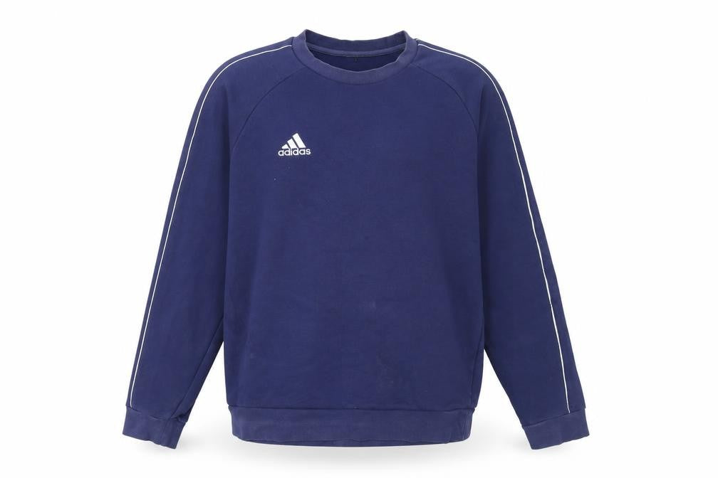 Front view of Adidas men’s blue crew neck pullover sweatshirt m regular fit