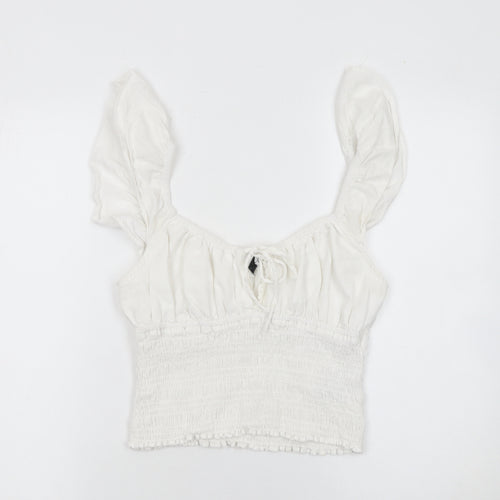 Bershka Women White Cotton Cropped Blouse Size L Ruffle Sleeve Summer Top