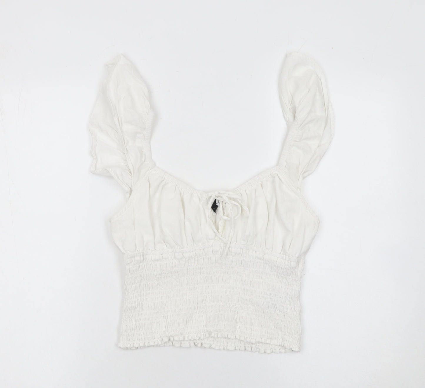 Bershka Women White Cotton Cropped Blouse Size L Ruffle Sleeve Summer Top