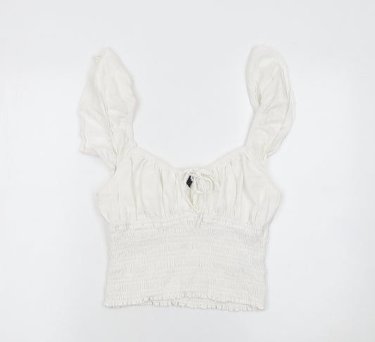 Bershka Women White Cotton Cropped Blouse Size L Ruffle Sleeve Summer Top