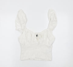 Bershka Women White Cotton Cropped Blouse Size L Ruffle Sleeve Summer Top