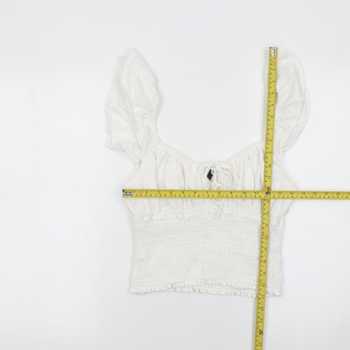 Bershka Women White Cotton Cropped Blouse Size L Ruffle Sleeve Summer Top