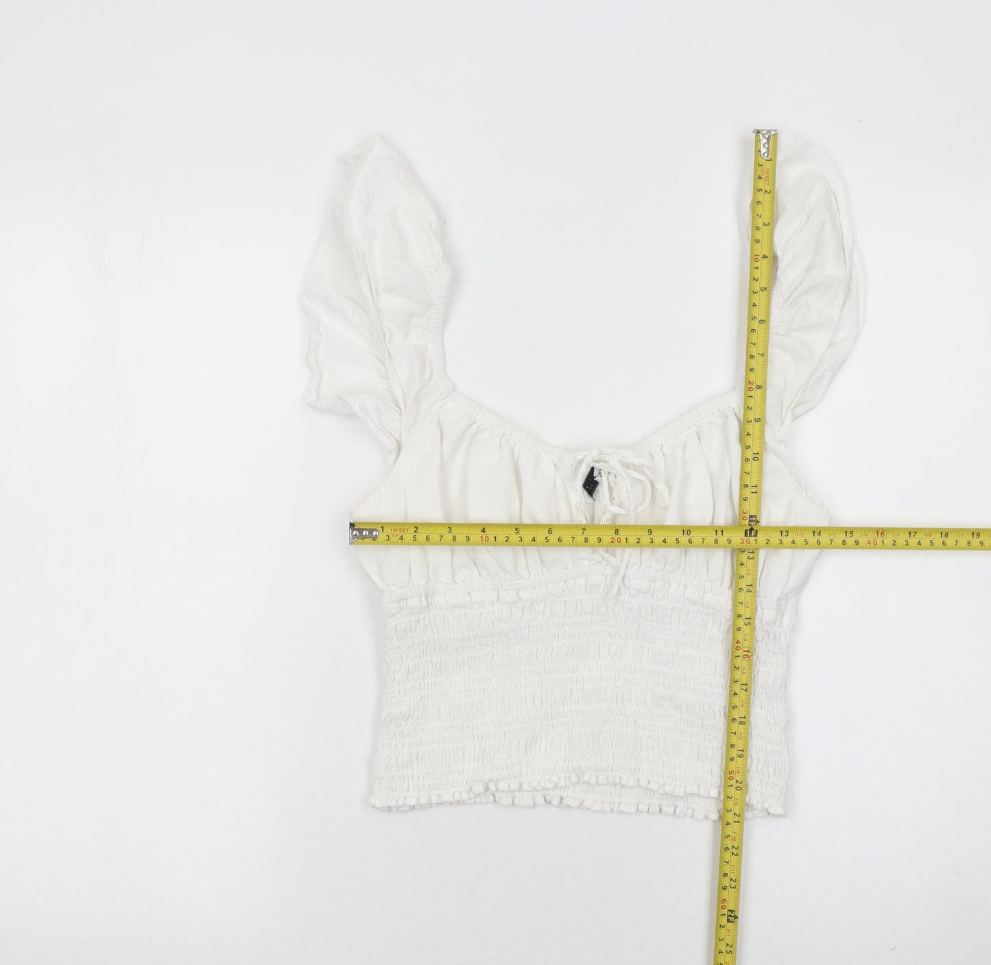 Bershka Women White Cotton Cropped Blouse Size L Ruffle Sleeve Summer Top