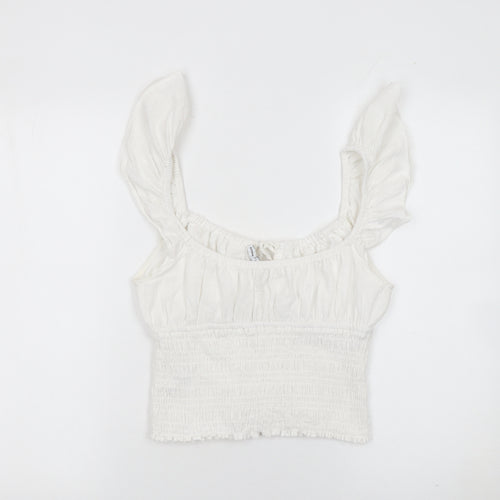 Bershka Women White Cotton Cropped Blouse Size L Ruffle Sleeve Summer Top