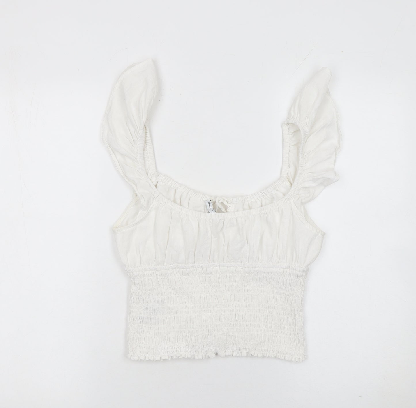 Bershka Women White Cotton Cropped Blouse Size L Ruffle Sleeve Summer Top