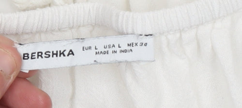 Bershka Women White Cotton Cropped Blouse Size L Ruffle Sleeve Summer Top
