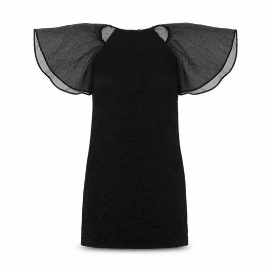 Front view of F&F Women Black, size 12, Shift Dress with Sheer Flutter Sleeves
