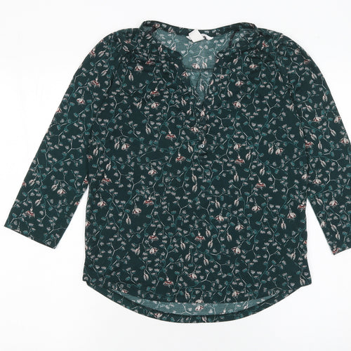 H&M Women's Green Floral Tunic Blouse XS 3/4 Sleeve Polyester
