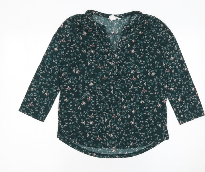 H&M Women's Green Floral Tunic Blouse XS 3/4 Sleeve Polyester