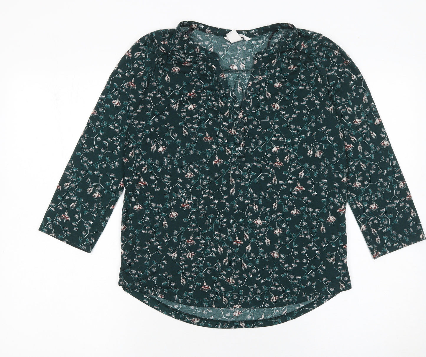 H&M Women's Green Floral Tunic Blouse XS 3/4 Sleeve Polyester
