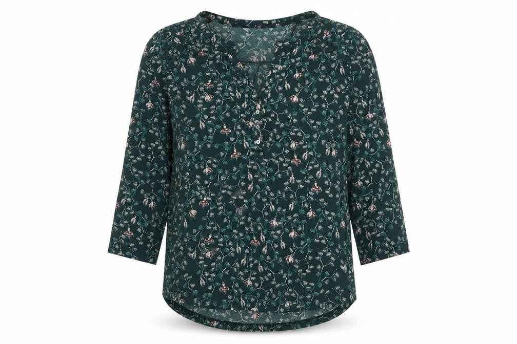 H&M Women's Green Floral Tunic Blouse XS 3/4 Sleeve Polyester