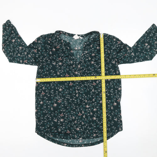 H&M Women's Green Floral Tunic Blouse XS 3/4 Sleeve Polyester