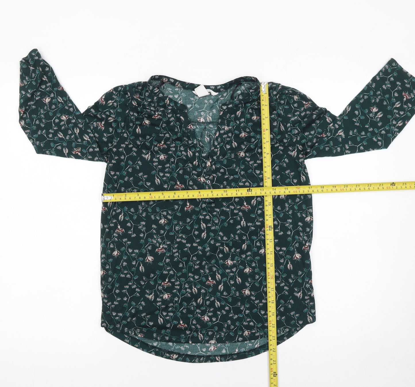 H&M Women's Green Floral Tunic Blouse XS 3/4 Sleeve Polyester