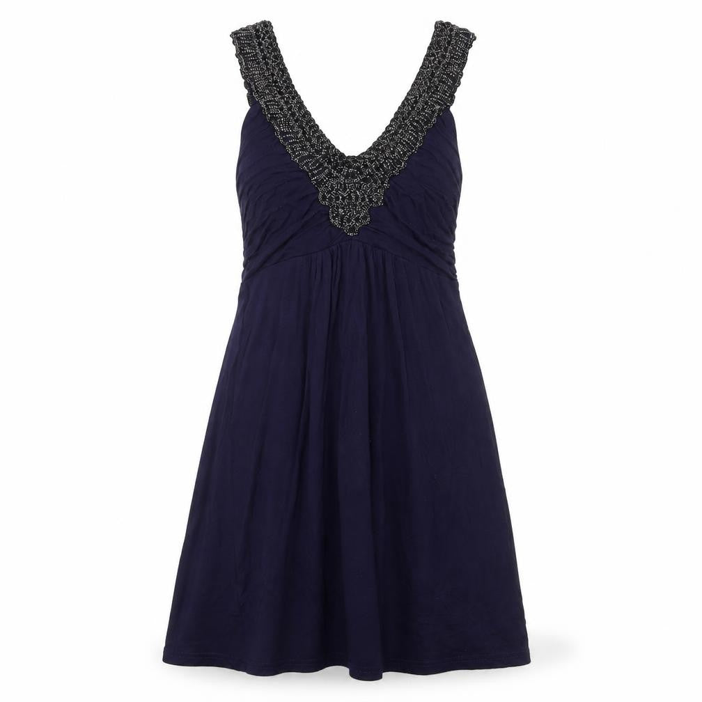Front view of Funk Rock Women's Blue Beaded A-Line Sleeveless Dress S