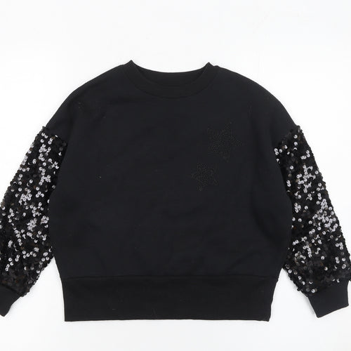 F&F Girls Black Sequin Sleeve Star Sweatshirt 7-8 Years Pullover Top