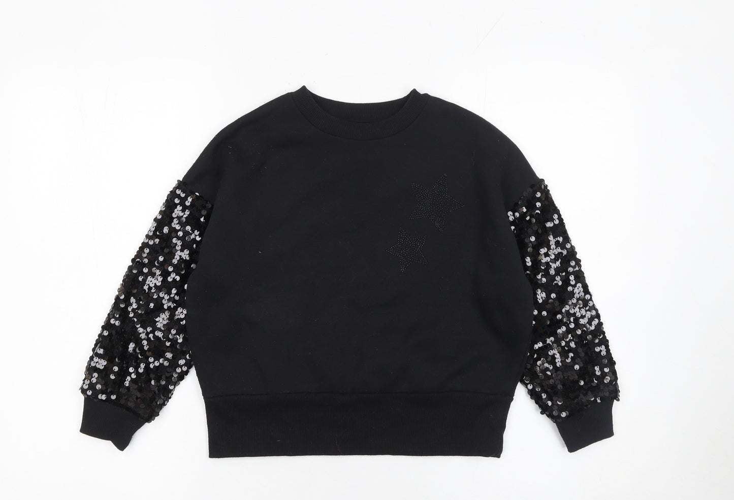 F&F Girls Black Sequin Sleeve Star Sweatshirt 7-8 Years Pullover Top