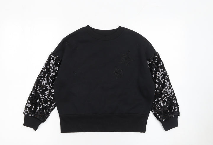 F&F Girls Black Sequin Sleeve Star Sweatshirt 7-8 Years Pullover Top