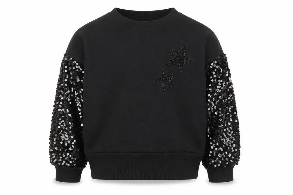 F&F Girls Black Sequin Sleeve Star Sweatshirt 7-8 Years Pullover Top