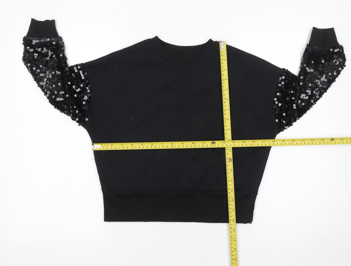 F&F Girls Black Sequin Sleeve Star Sweatshirt 7-8 Years Pullover Top