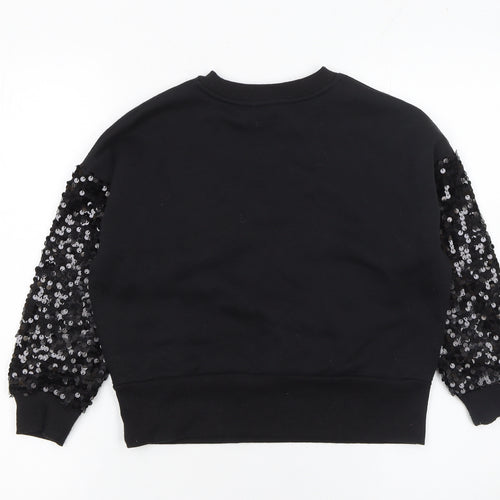 F&F Girls Black Sequin Sleeve Star Sweatshirt 7-8 Years Pullover Top