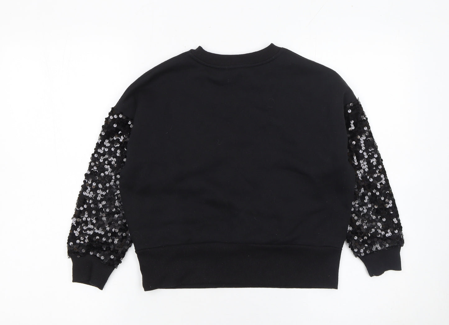 F&F Girls Black Sequin Sleeve Star Sweatshirt 7-8 Years Pullover Top