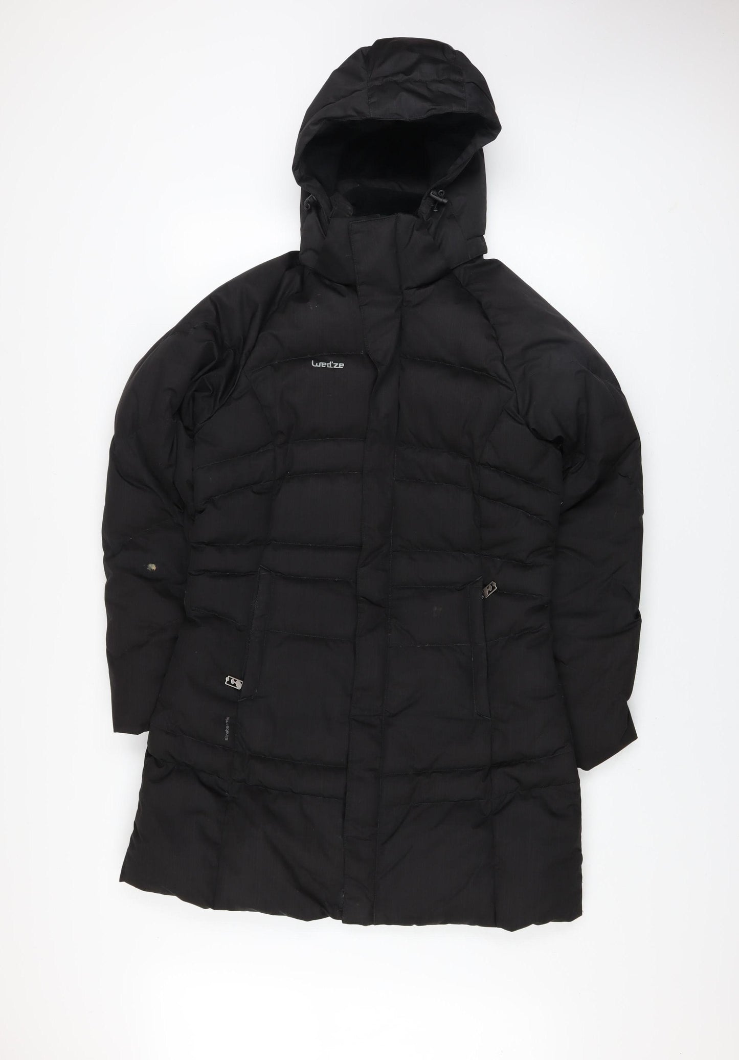 Wedze Womens Black Long Puffer Coat XS Hooded Down Winter Jacket