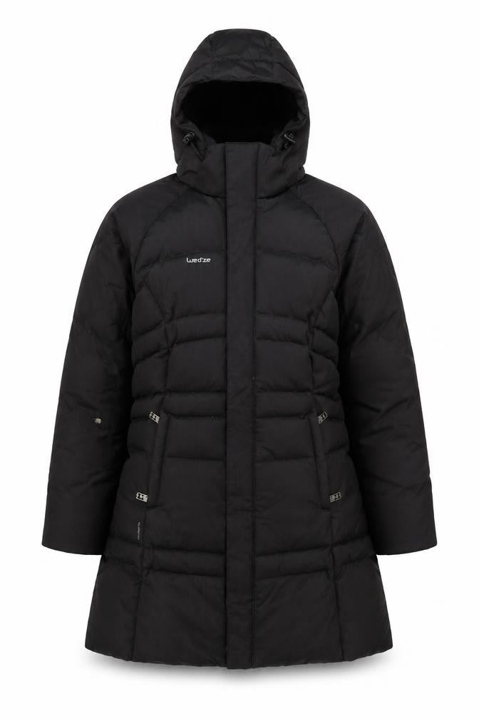 Front view of Wedze women’s black long puffer coat xs hooded down winter jacket
