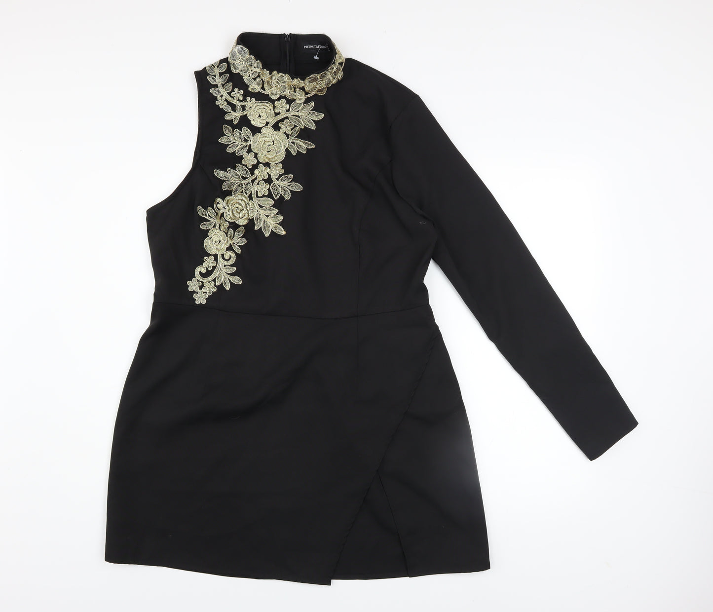 PrettyLittleThing Women’s Black Embroidered Asymmetric Bodycon Dress UK 16