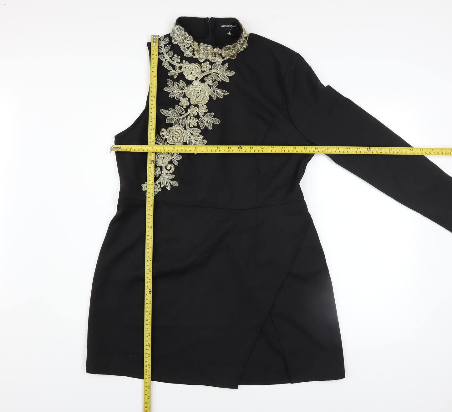 PrettyLittleThing Women’s Black Embroidered Asymmetric Bodycon Dress UK 16