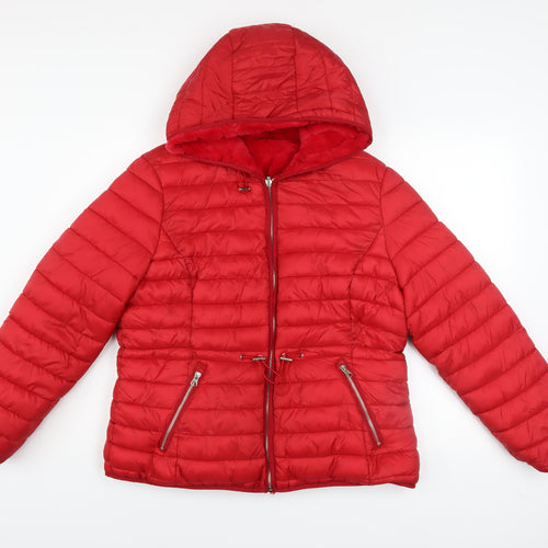 Aleco Moda Women's Red Hooded Puffer Jacket L Nylon Quilted