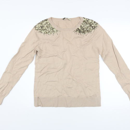 Oasis Womens Beige Sequin Shoulder Cotton Blend Jumper M