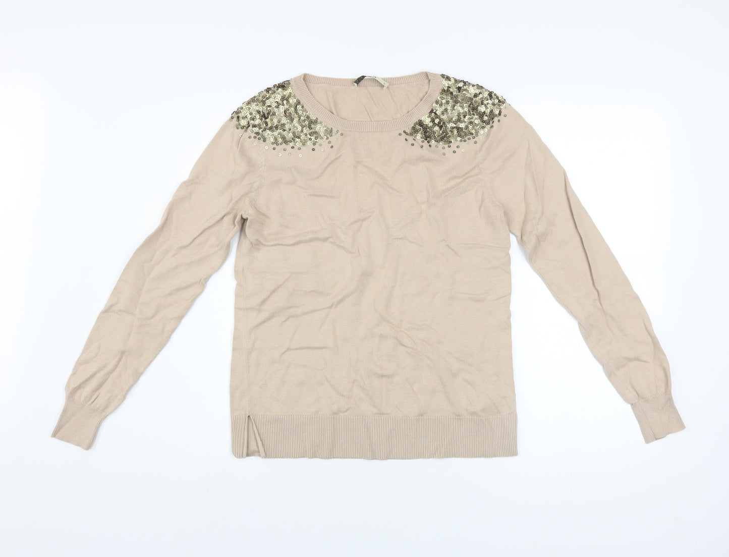 Oasis Womens Beige Sequin Shoulder Cotton Blend Jumper M