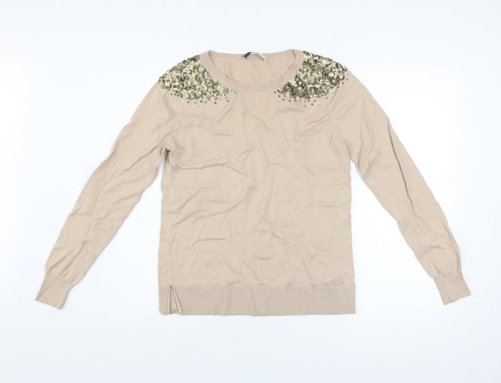 Oasis Womens Beige Sequin Shoulder Cotton Blend Jumper M