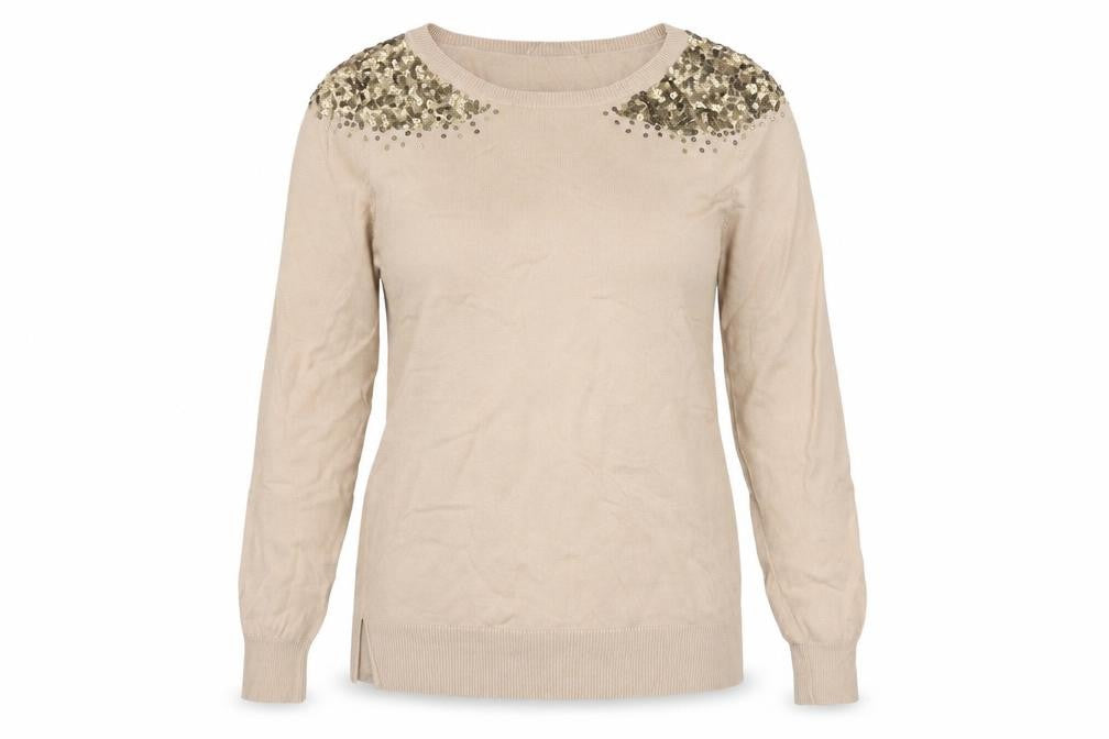 Front view of Oasis women’s beige sequin shoulder cotton blend jumper m