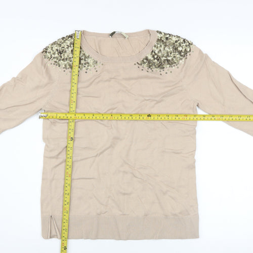Oasis Womens Beige Sequin Shoulder Cotton Blend Jumper M