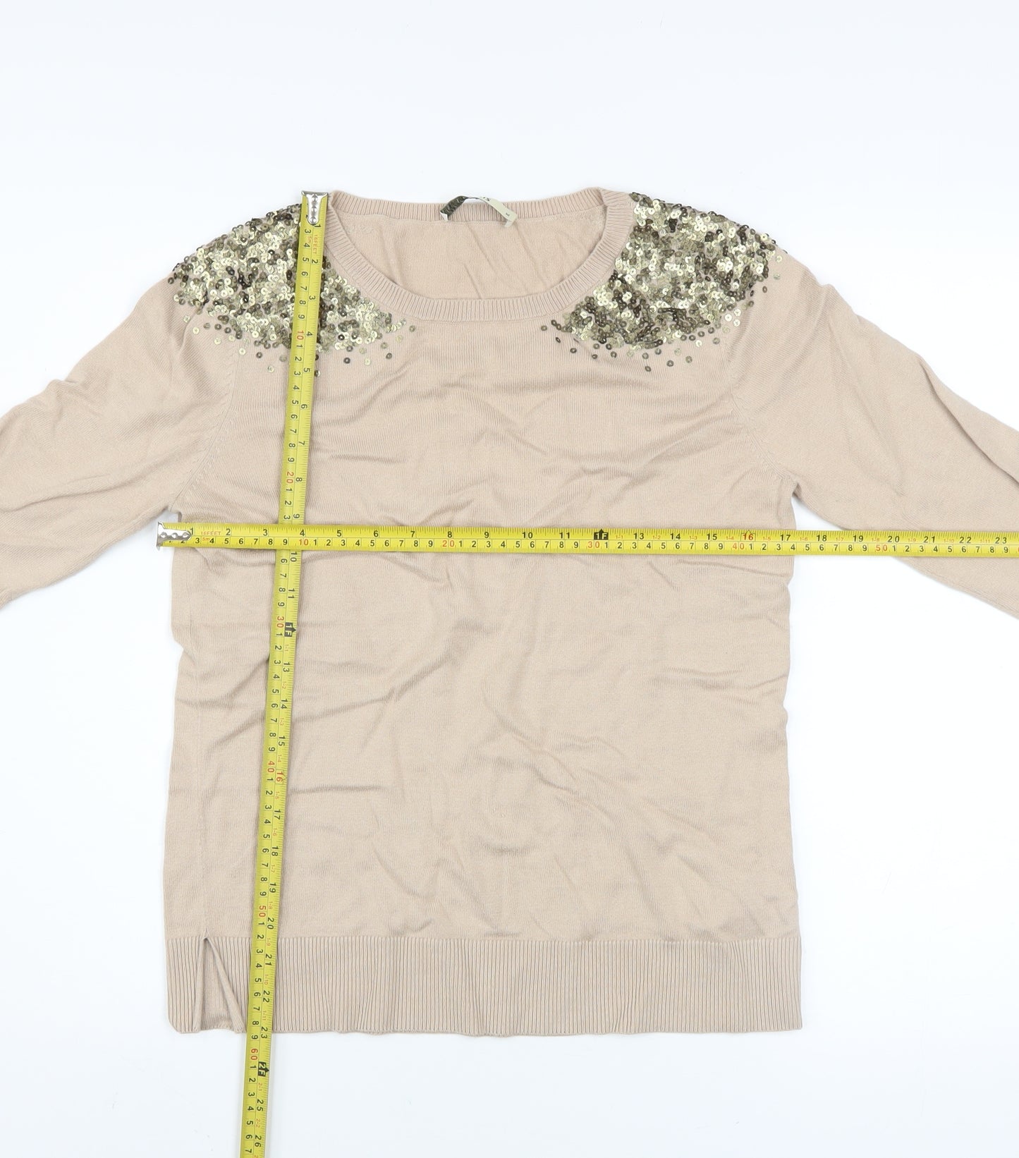 Oasis Womens Beige Sequin Shoulder Cotton Blend Jumper M