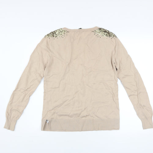 Oasis Womens Beige Sequin Shoulder Cotton Blend Jumper M