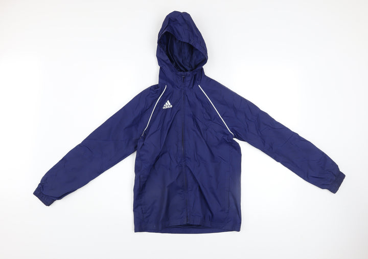 Adidas Boys Blue Windbreaker Jacket 9-10 Years Hooded Lightweight Zip Up