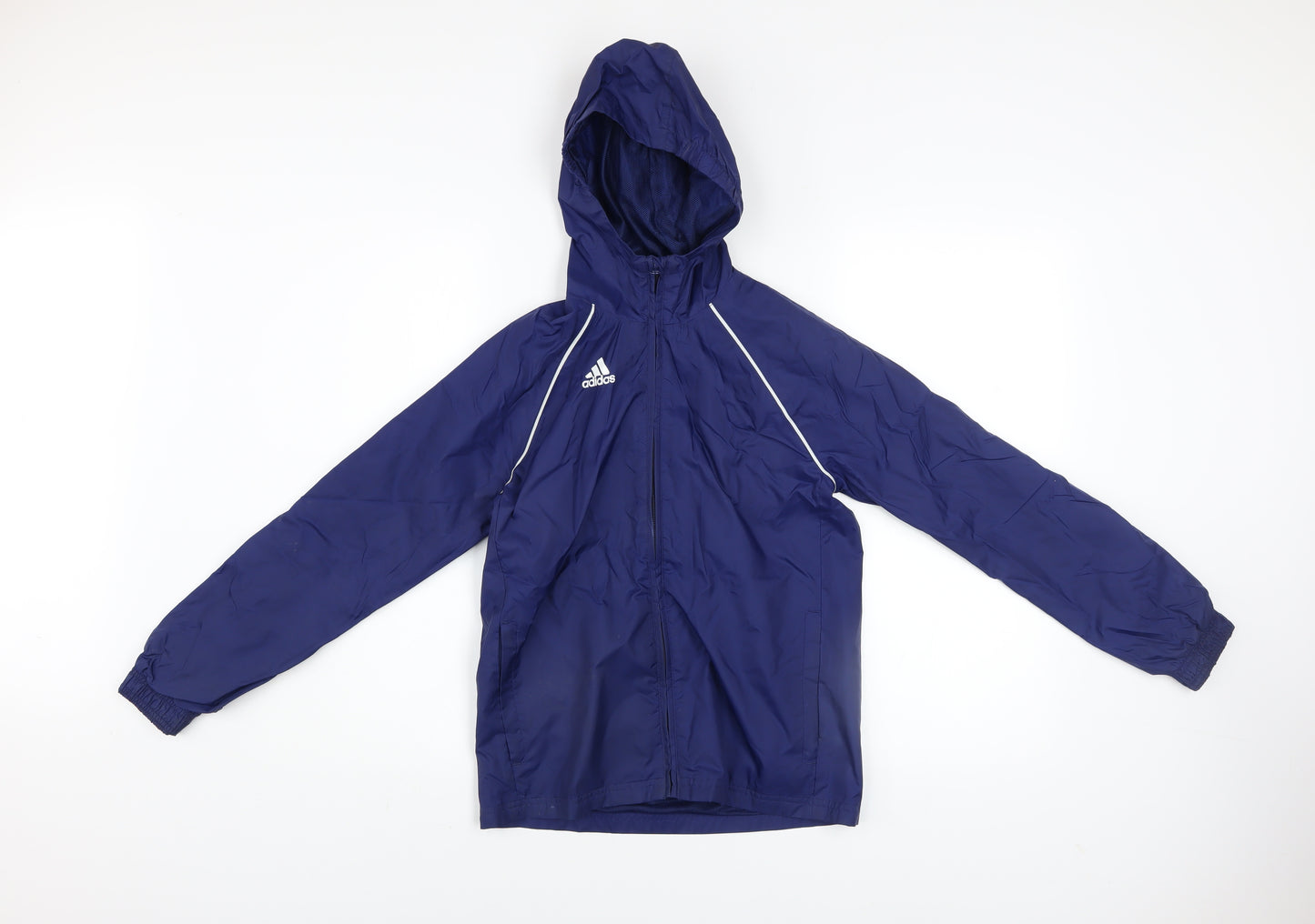 Adidas Boys Blue Windbreaker Jacket 9-10 Years Hooded Lightweight Zip Up