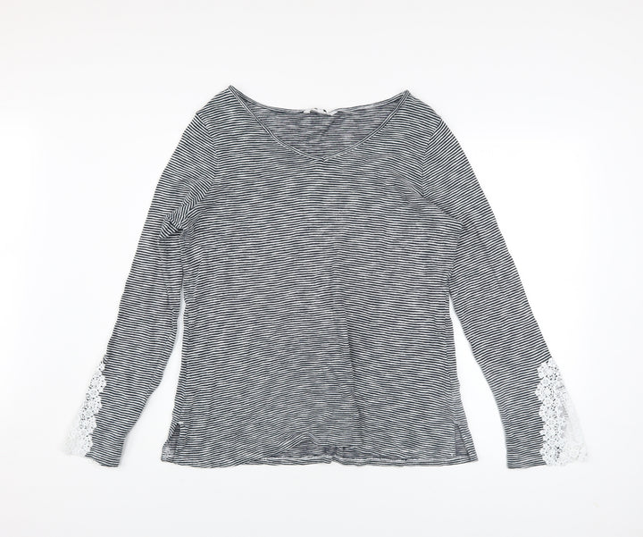 Next Women’s Black Striped V-Neck Long Sleeve Lace Cuff Top Size 16