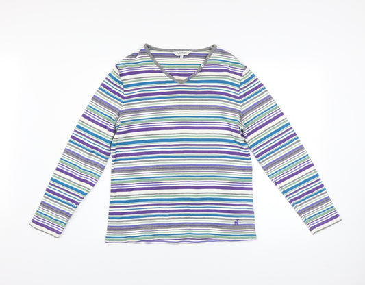 Tulchan Women Multicoloured Stripe Cotton Long Sleeve V-Neck Top L