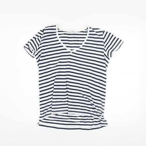 Zara Women Blue Striped V-Neck Cotton T-Shirt Size 12