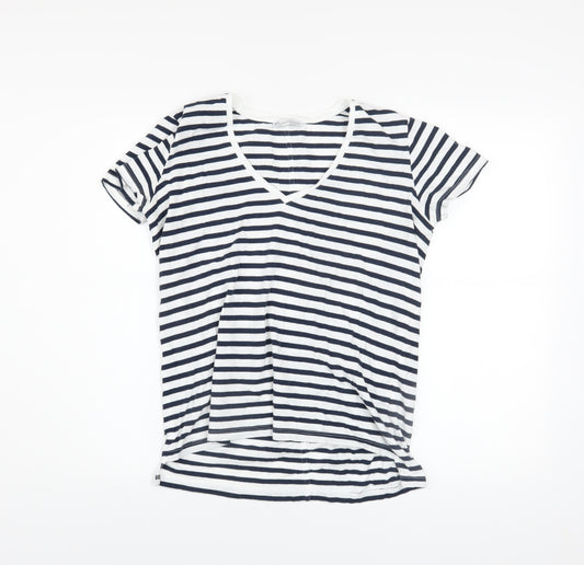 Zara Women Blue Striped V-Neck Cotton T-Shirt Size 12