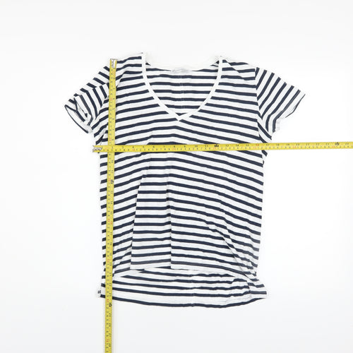 Zara Women Blue Striped V-Neck Cotton T-Shirt Size 12