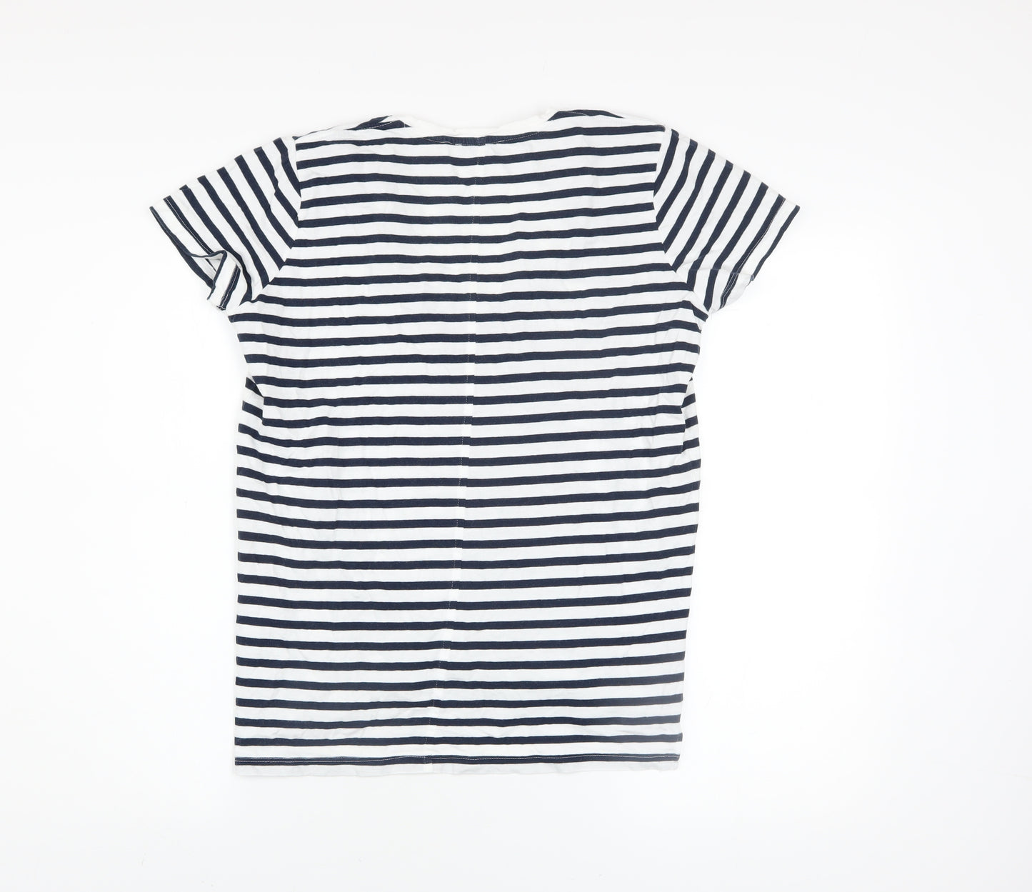 Zara Women Blue Striped V-Neck Cotton T-Shirt Size 12